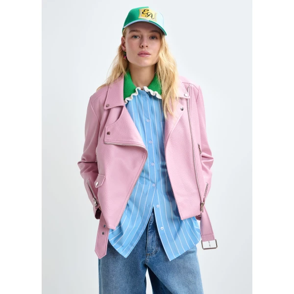 Essentiel Antwerp Light pink fitted biker jacket, view 2