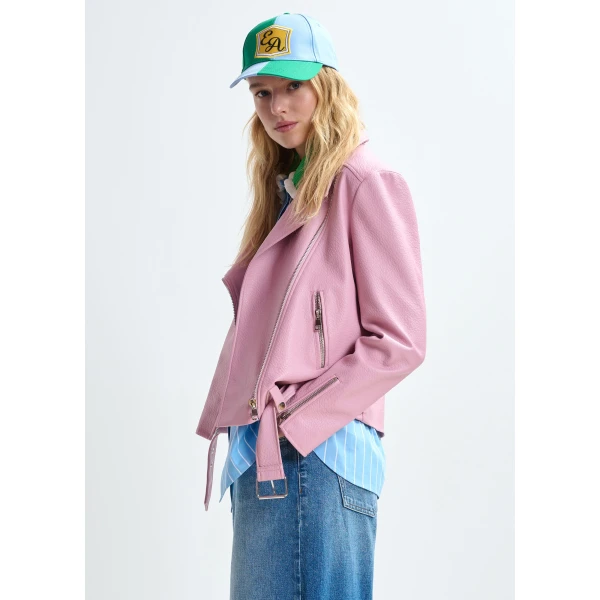 Essentiel Antwerp Light pink fitted biker jacket, view 3