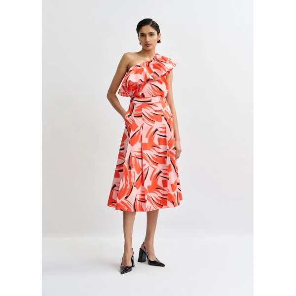 Essentiel Antwerp Light pink, orange and black a-line midi skirt, view 3