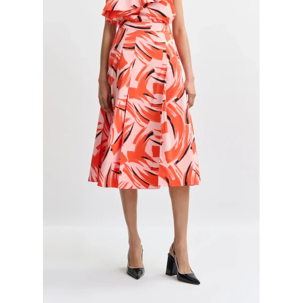 Essentiel Antwerp Light pink, orange and black a-line midi skirt, view 4
