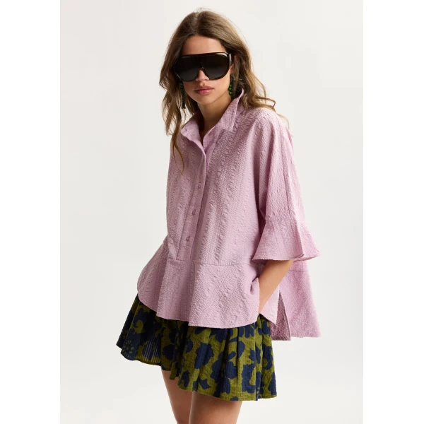 Essentiel Antwerp Light pink peplum cotton shirt with contrasting collar, view 2