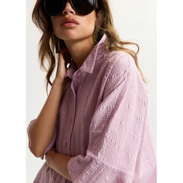 Essentiel Antwerp Light pink peplum cotton shirt with contrasting collar, view 4