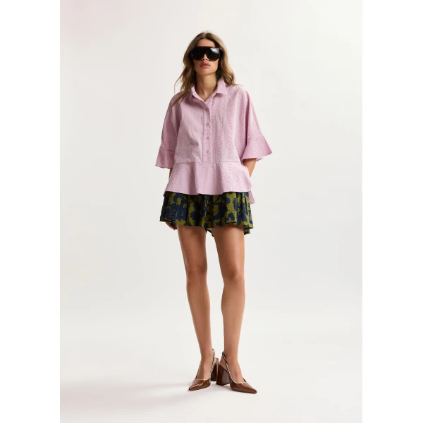 Essentiel Antwerp Light pink peplum cotton shirt with contrasting collar, view 5
