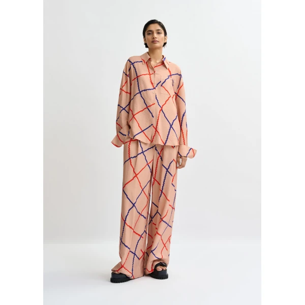 Essentiel Antwerp Light pink, red and blue check print wide-leg pants, view 2