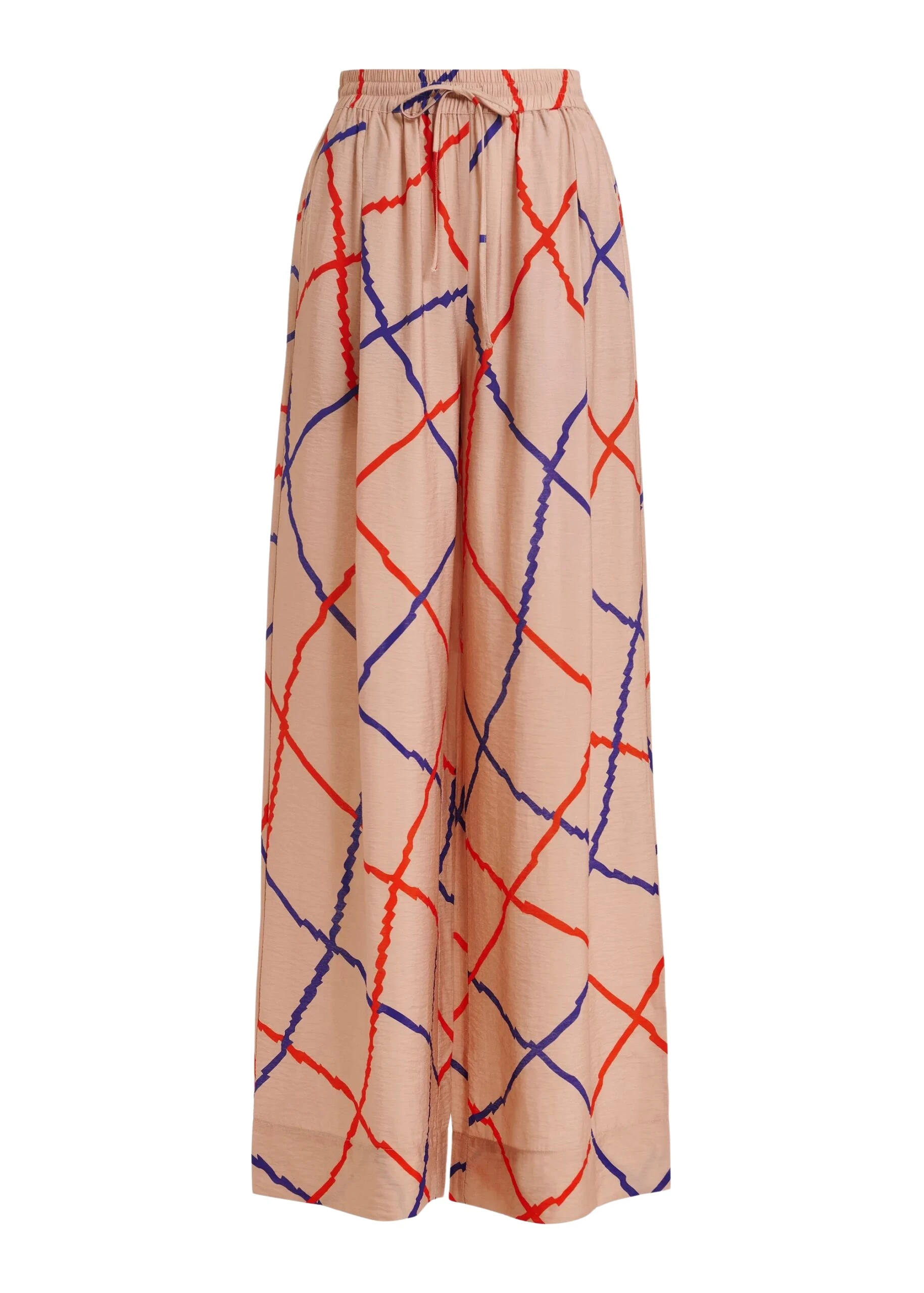 Light pink, red and blue check print wide-leg pants