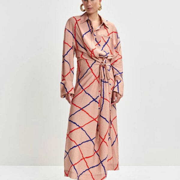 Essentiel Antwerp Light pink, red and blue checked oversized maxi dress, view 2