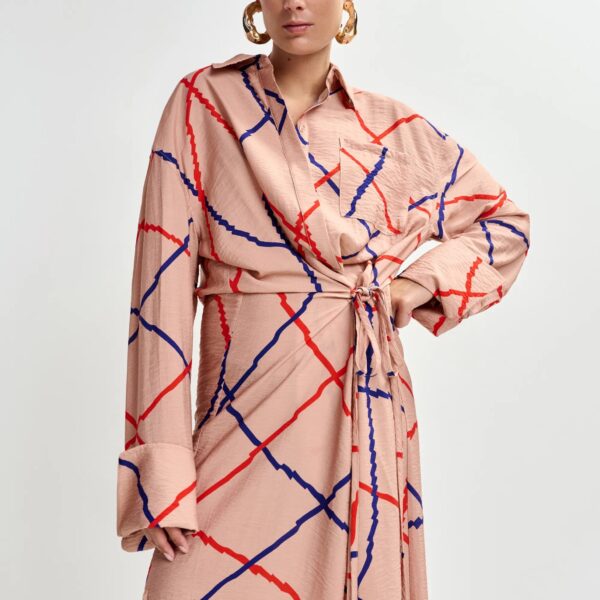 Essentiel Antwerp Light pink, red and blue checked oversized maxi dress, view 3