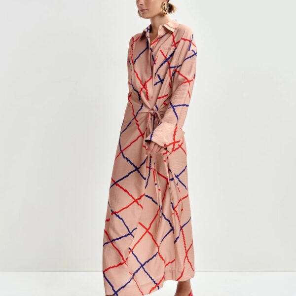 Essentiel Antwerp Light pink, red and blue checked oversized maxi dress, view 4