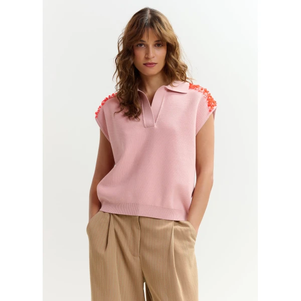 Essentiel Antwerp Light pink sleeveless polo with orange embellished shoulders Top, view 3