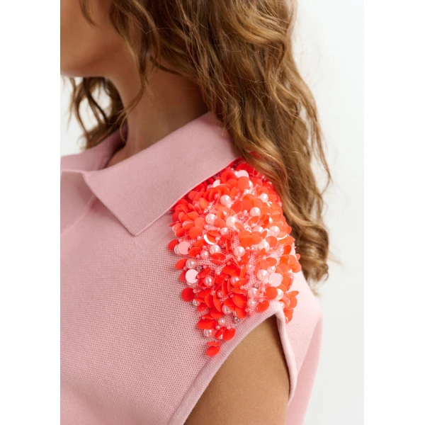 Essentiel Antwerp Light pink sleeveless polo with orange embellished shoulders Top, view 5