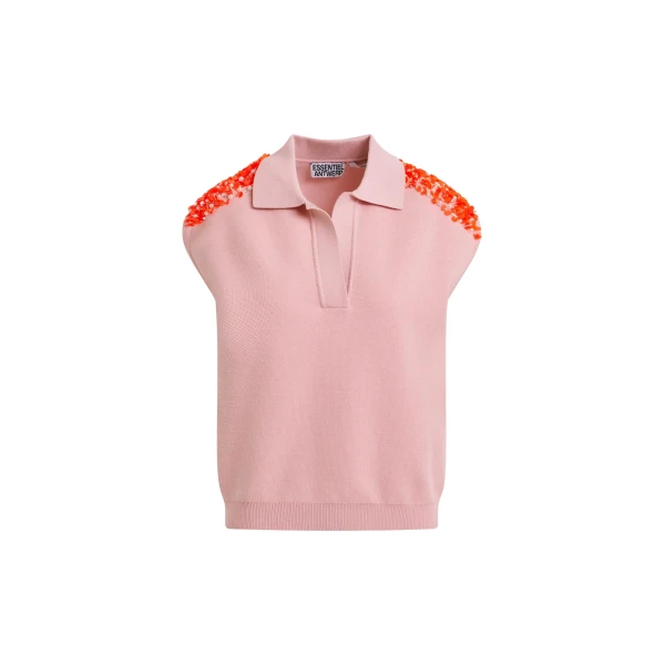 Essentiel Antwerp Light pink sleeveless polo with orange embellished shoulders Top