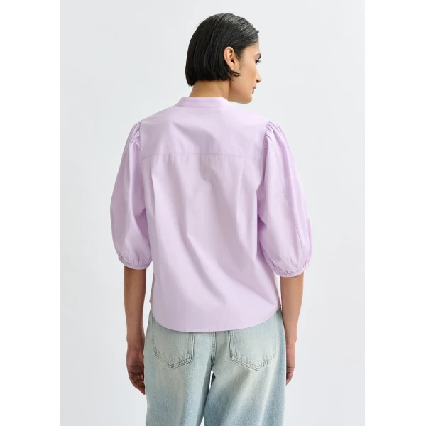 Essentiel Antwerp Light purple and green cotton shirt with appliqué flowers with mandarin collar, view 5