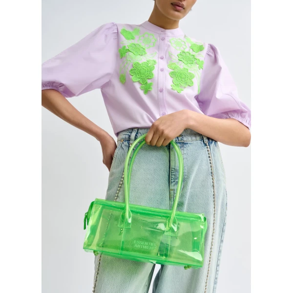 Essentiel Antwerp Light purple and green cotton shirt with appliqué flowers with mandarin collar, view 6