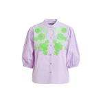 Essentiel Antwerp Light purple and green cotton shirt with appliqué flowers with mandarin collar