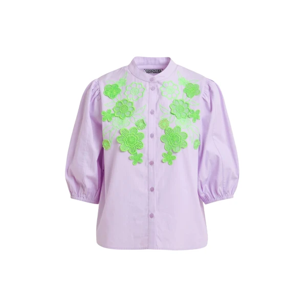 Essentiel Antwerp Light purple and green cotton shirt with appliqué flowers with mandarin collar