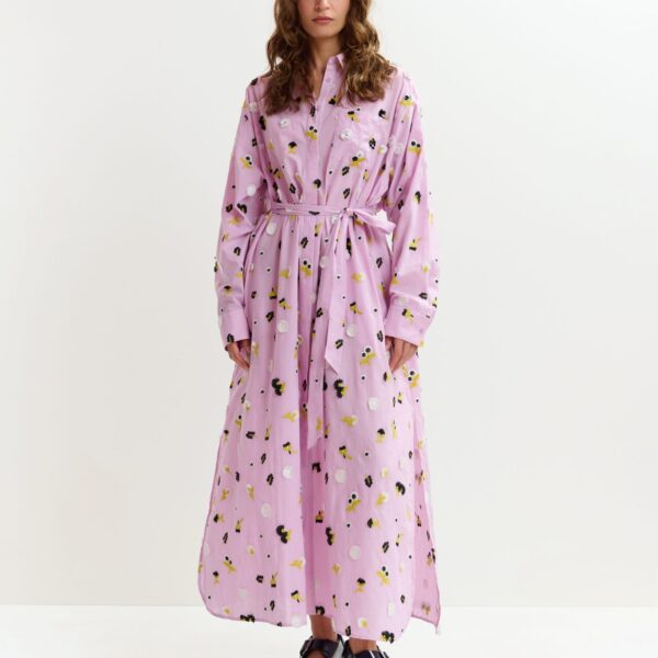 Essentiel Antwerp Light purple oversized cotton maxi shirt dress with black, white and yellow floral embellishments, view 3