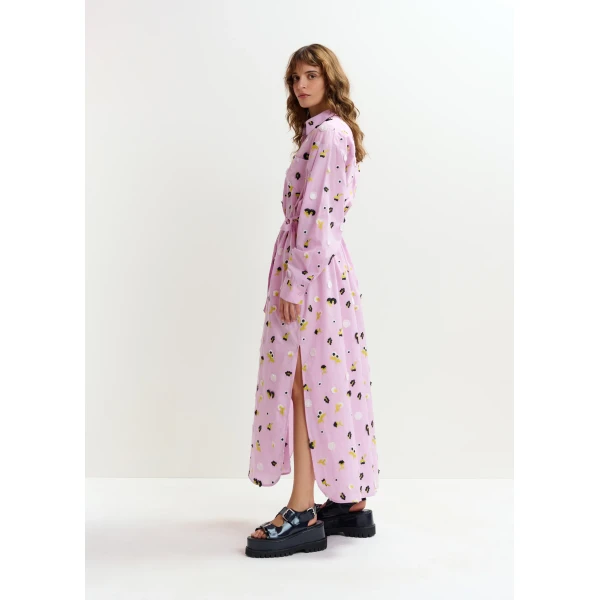 Essentiel Antwerp Light purple oversized cotton maxi shirt dress with black, white and yellow floral embellishments, view 4