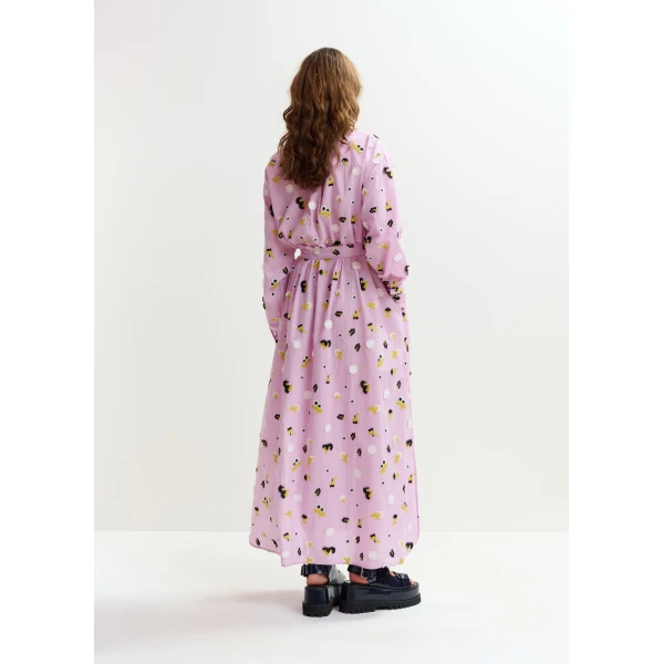 Essentiel Antwerp Light purple oversized cotton maxi shirt dress with black, white and yellow floral embellishments, view 5