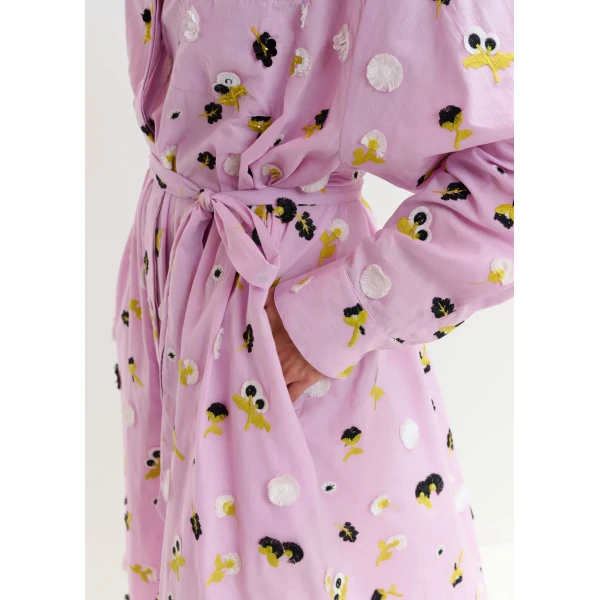 Essentiel Antwerp Light purple oversized cotton maxi shirt dress with black, white and yellow floral embellishments, view 6
