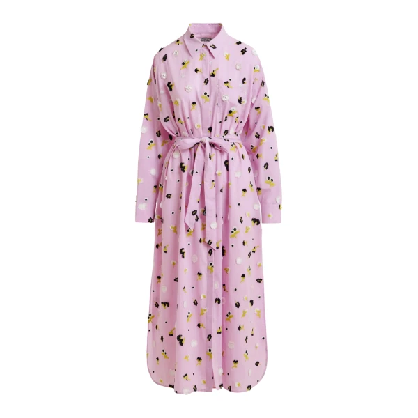 Essentiel Antwerp Light purple oversized cotton maxi shirt dress with black, white and yellow floral embellishments