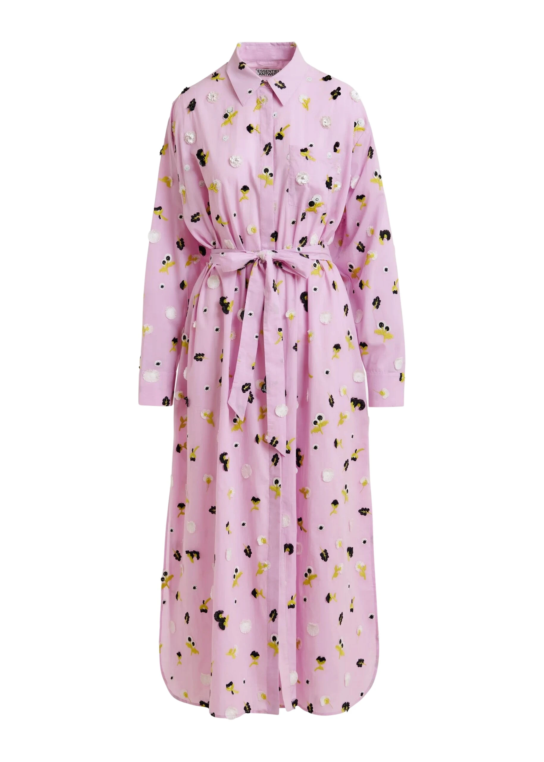 Essentiel-Antwerp-Light-purple-oversized-cotton-maxi-shirt-dress-with-black-white-and-yellow-floral-embellishments-scaled58398_nobg Essentiel Antwerp Light purple oversized cotton maxi shirt dress with black, white and yellow floral embellishments