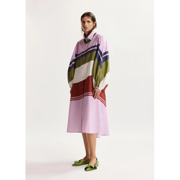 Essentiel Antwerp Lilac and multicolor oversized cotton shirt dress with placed stripe print, view 2