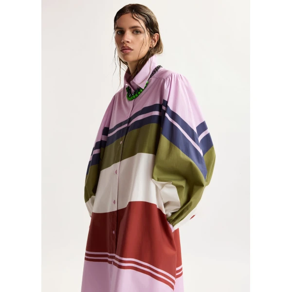 Essentiel Antwerp Lilac and multicolor oversized cotton shirt dress with placed stripe print, view 3