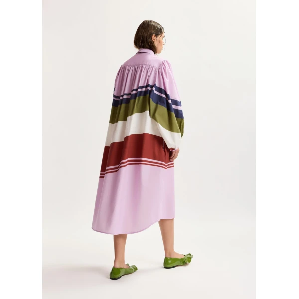Essentiel Antwerp Lilac and multicolor oversized cotton shirt dress with placed stripe print, view 4