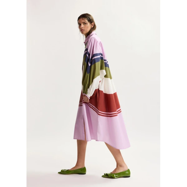Essentiel Antwerp Lilac and multicolor oversized cotton shirt dress with placed stripe print, view 5