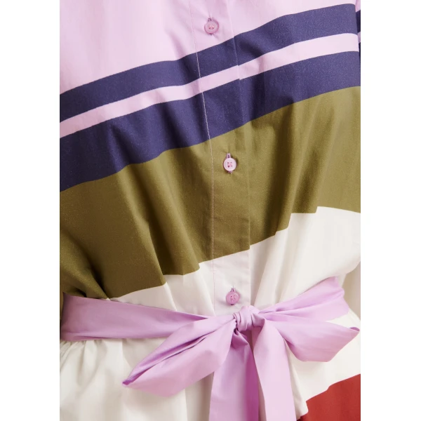 Essentiel Antwerp Lilac and multicolor oversized cotton shirt dress with placed stripe print, view 6