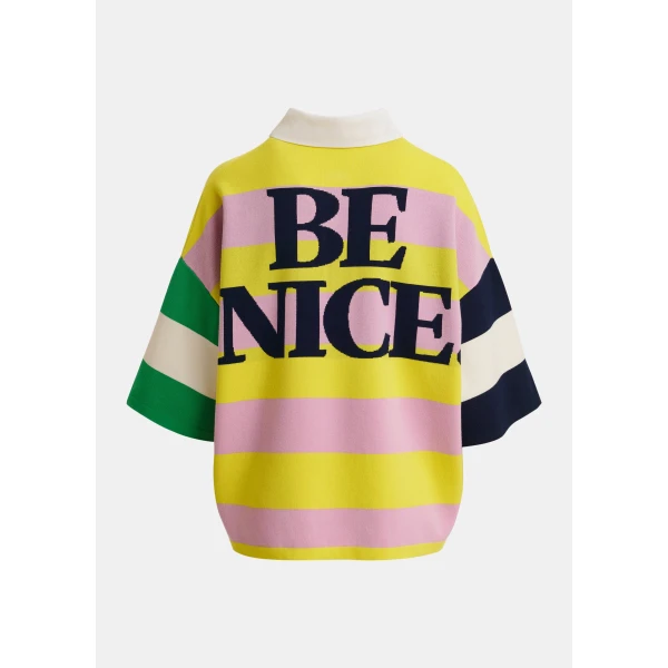 Essentiel Antwerp Lilac and yellow striped polo sweater with Peanuts™ patch and text, view 2