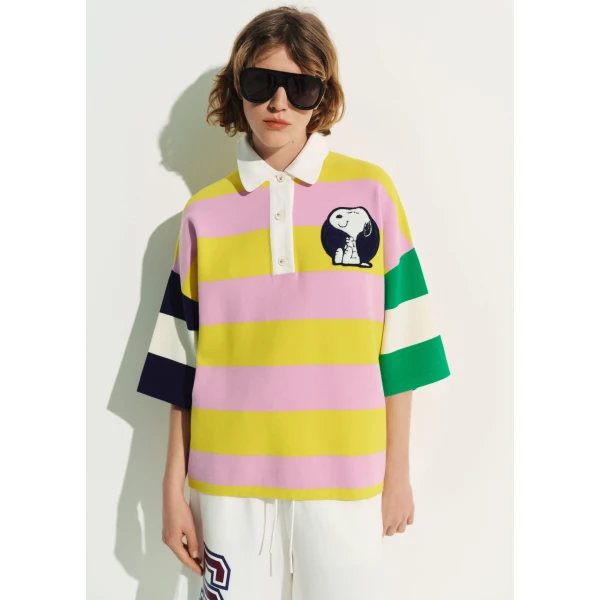 Essentiel Antwerp Lilac and yellow striped polo sweater with Peanuts™ patch and text, view 3