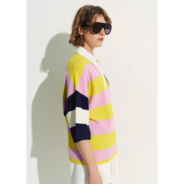 Essentiel Antwerp Lilac and yellow striped polo sweater with Peanuts™ patch and text, view 4