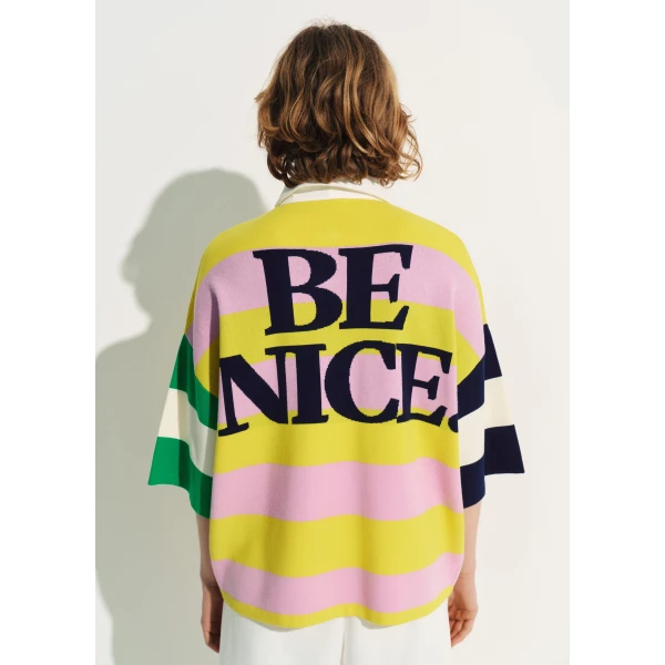 Essentiel Antwerp Lilac and yellow striped polo sweater with Peanuts™ patch and text, view 5