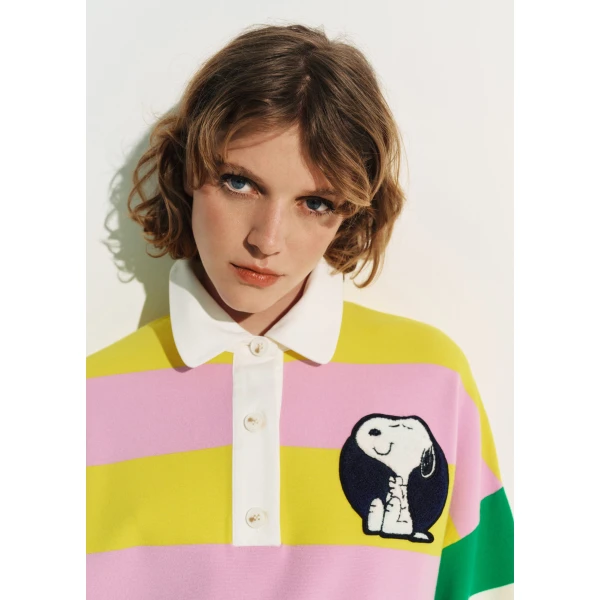 Essentiel Antwerp Lilac and yellow striped polo sweater with Peanuts™ patch and text, view 6