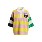 Essentiel Antwerp Lilac and yellow striped polo sweater with Peanuts™ patch and text