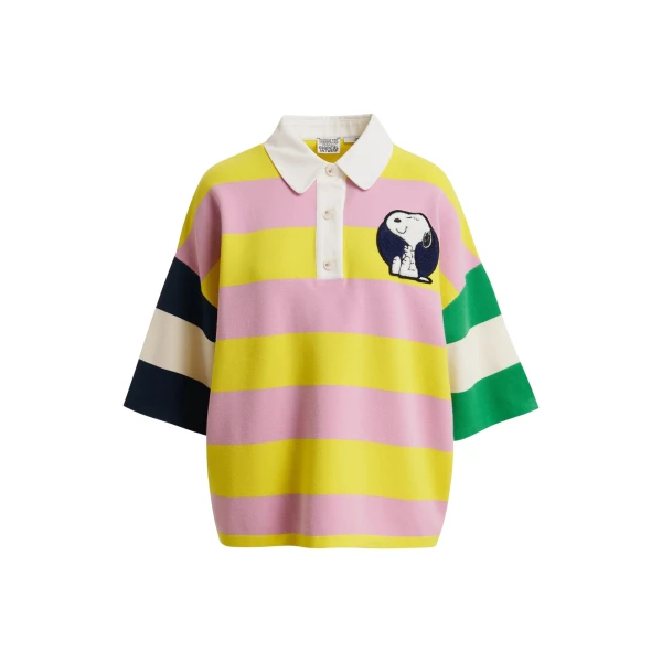 Essentiel Antwerp Lilac and yellow striped polo sweater with Peanuts™ patch and text