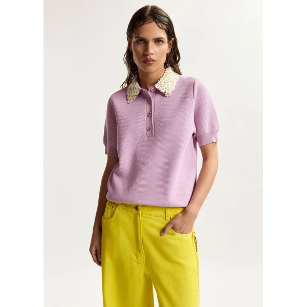 Essentiel Antwerp Lilac fine knit polo top with white and yellow floral embellished collar, view 2