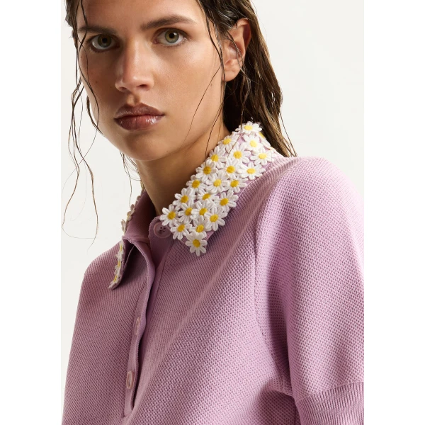 Essentiel Antwerp Lilac fine knit polo top with white and yellow floral embellished collar, view 3