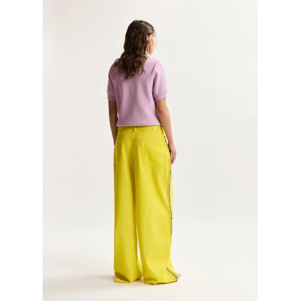 Essentiel Antwerp Lilac fine knit polo top with white and yellow floral embellished collar, view 5