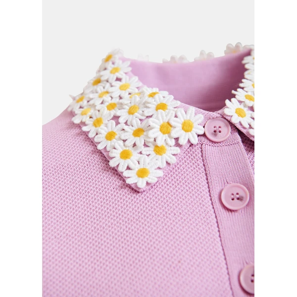 Essentiel Antwerp Lilac fine knit polo top with white and yellow floral embellished collar, view 6