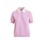 Essentiel Antwerp Lilac fine knit polo top with white and yellow floral embellished collar