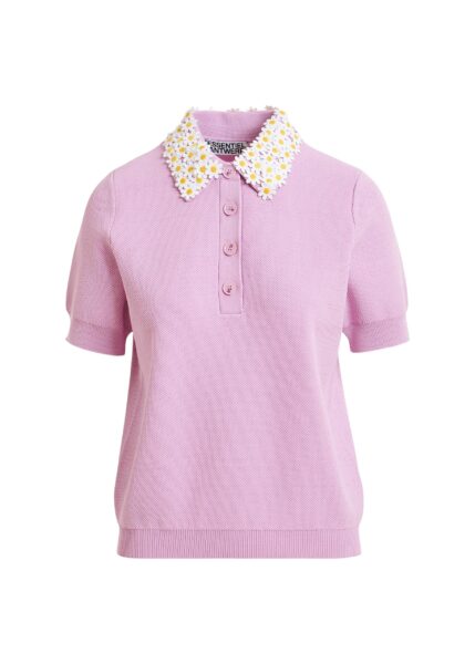 Lilac fine knit polo top with white and yellow floral embellished collar