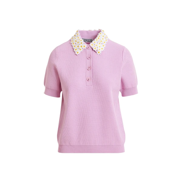 Essentiel Antwerp Lilac fine knit polo top with white and yellow floral embellished collar