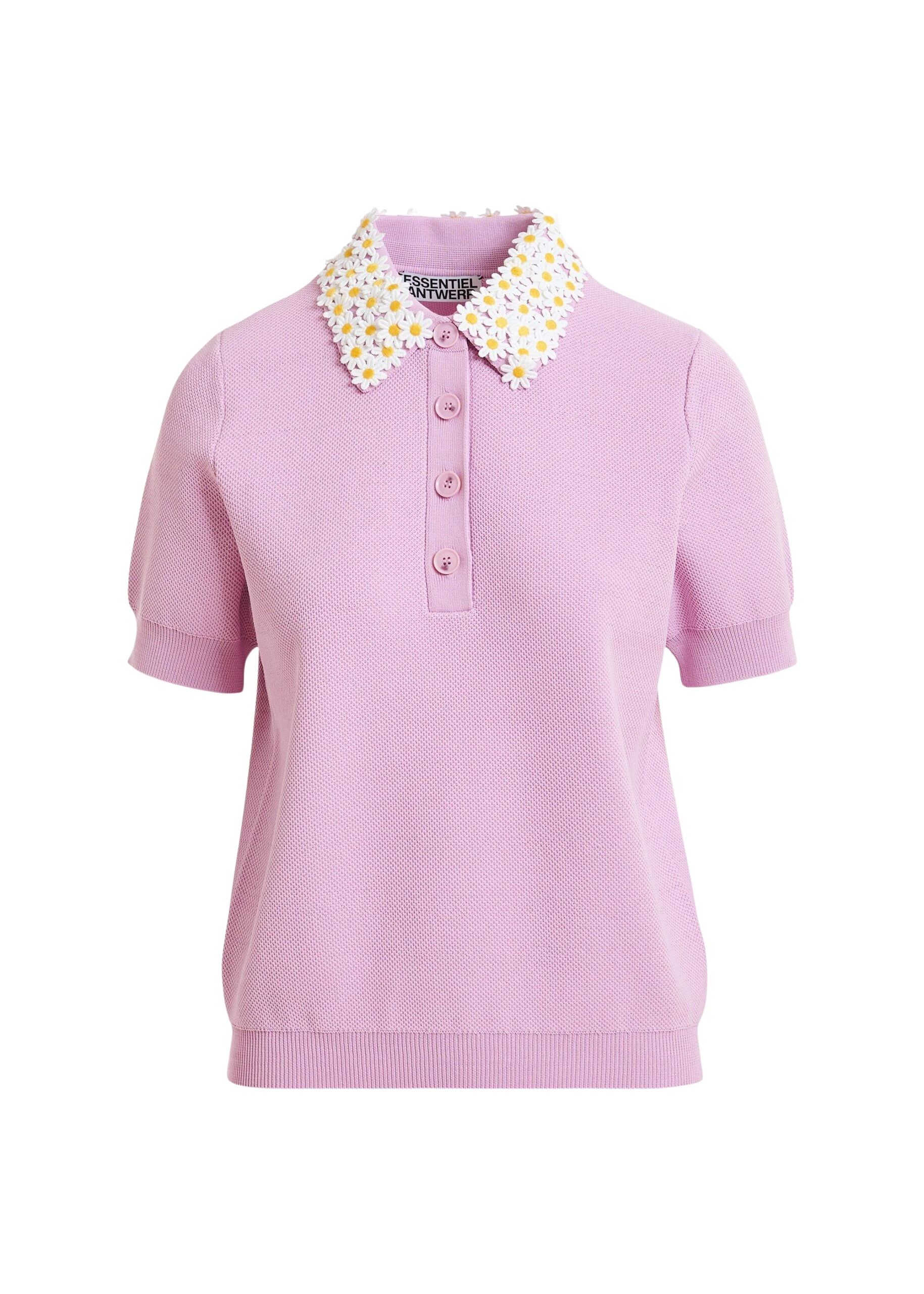 Essentiel-Antwerp-Lilac-fine-knit-polo-top-with-white-and-yellow-floral-embellished-collar-scaled19692_nobg Essentiel Antwerp Lilac fine knit polo top with white and yellow floral embellished collar