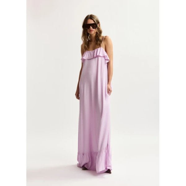 Essentiel Antwerp Lilac maxi dress with ruffled neckline and tie-back detail, view 3
