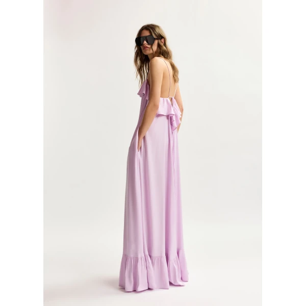 Essentiel Antwerp Lilac maxi dress with ruffled neckline and tie-back detail, view 4