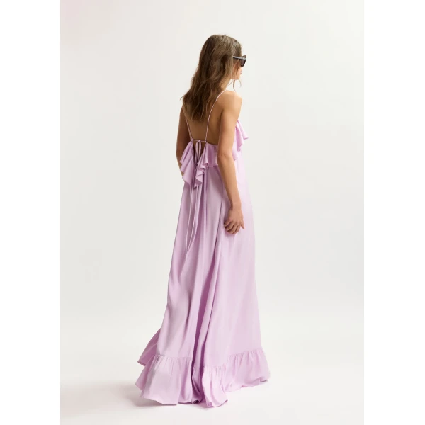Essentiel Antwerp Lilac maxi dress with ruffled neckline and tie-back detail, view 5