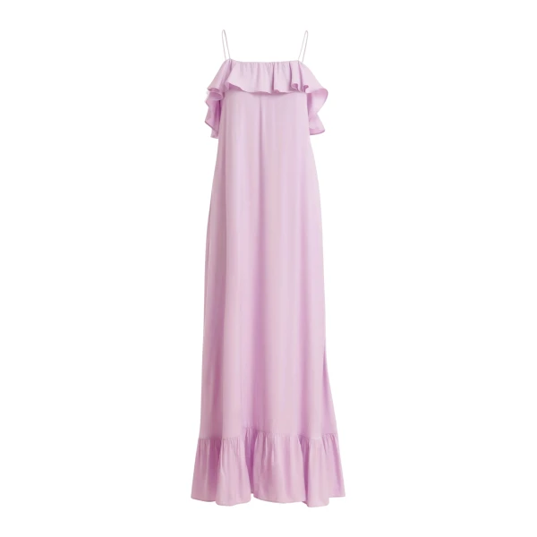Essentiel Antwerp Lilac maxi dress with ruffled neckline and tie-back detail