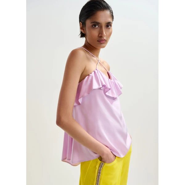 Essentiel Antwerp Lilac ruffled camisole top with tie-back detail, view 3
